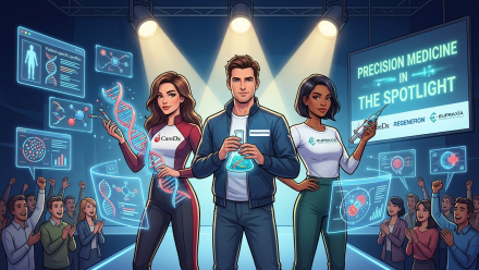Illustrated CareDx, Regeneron and Eupraxia representatives stand under spotlights with a DNA helix, laboratory flask and syringe, surrounded by digital medical displays and an applauding audience.