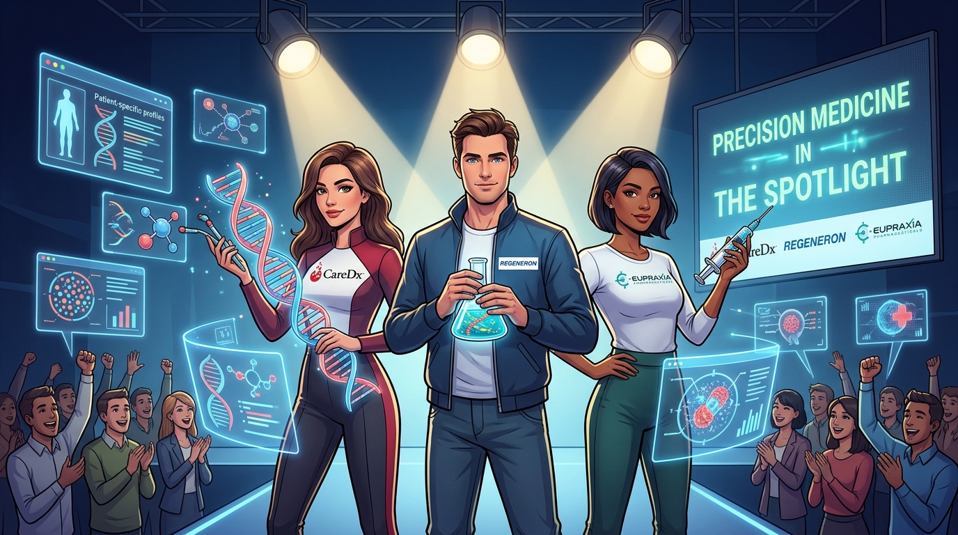 Illustrated CareDx, Regeneron and Eupraxia representatives stand under spotlights with a DNA helix, laboratory flask and syringe, surrounded by digital medical displays and an applauding audience.