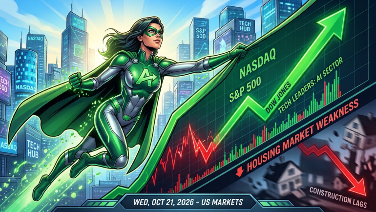 Green superhero beside a rising stock chart labeled Nasdaq, S&P 500 and Dow Jones, contrasting with housing market weakness on October 21, 2026.