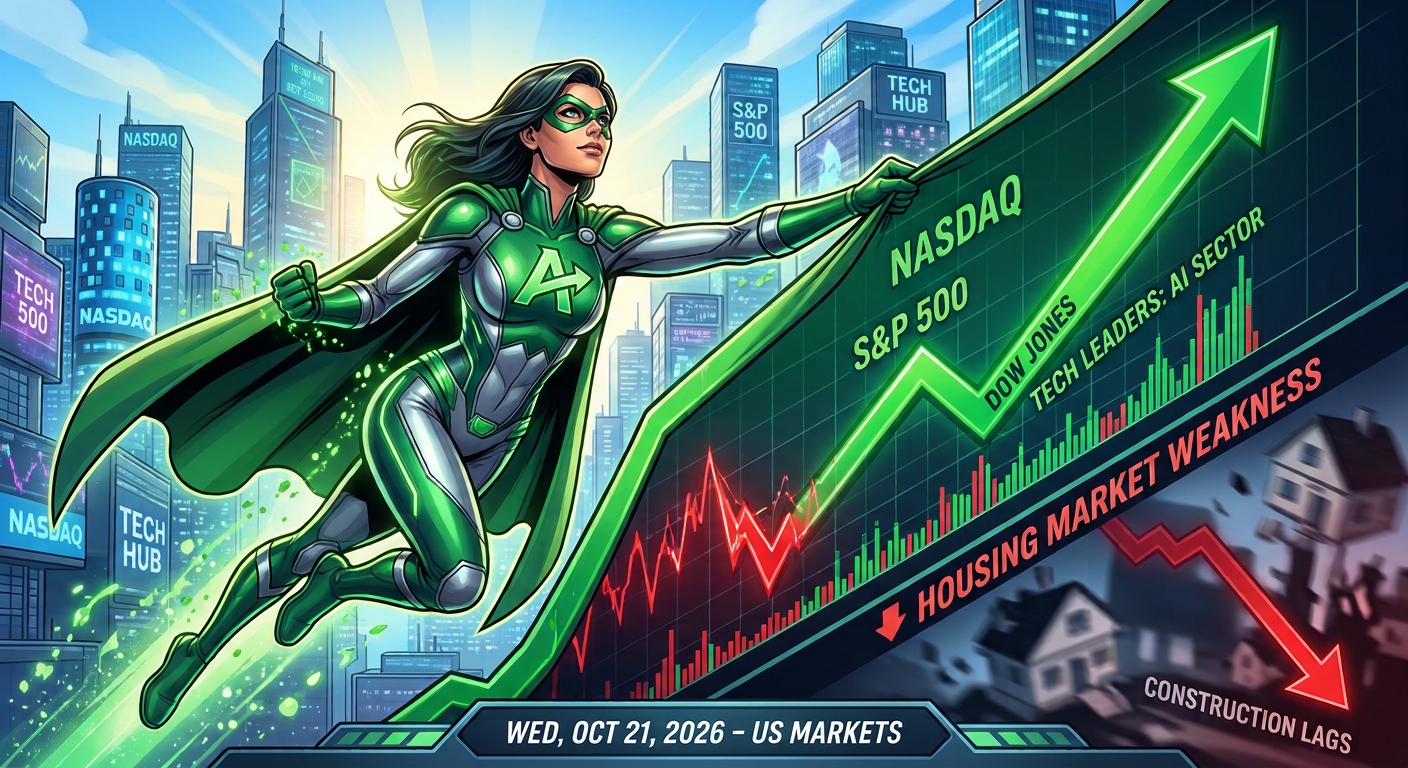 Green superhero beside a rising stock chart labeled Nasdaq, S&P 500 and Dow Jones, contrasting with housing market weakness on October 21, 2026.