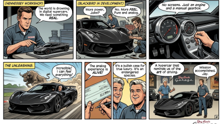 Comic-style illustration of the Hennessey Blackbird’s development, highlighting analog gauges, a manual gearbox and Jay Leno celebrating the luxury hypercar.