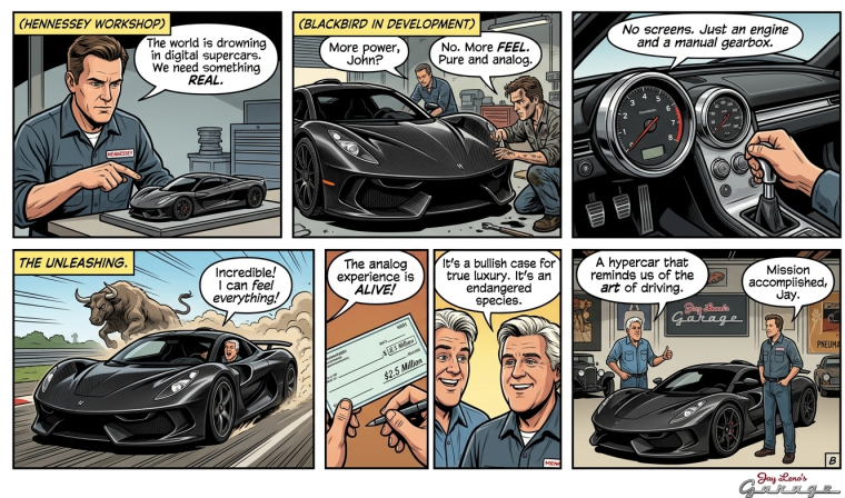 Comic-style illustration of the Hennessey Blackbird’s development, highlighting analog gauges, a manual gearbox and Jay Leno celebrating the luxury hypercar.