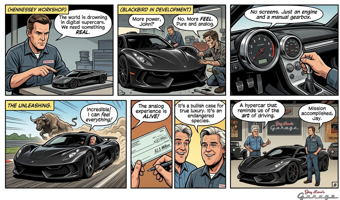 Comic-style illustration of the Hennessey Blackbird’s development, highlighting analog gauges, a manual gearbox and Jay Leno celebrating the luxury hypercar.