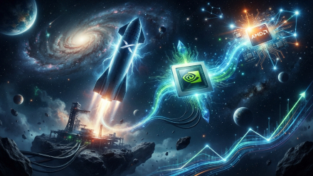 Illustration of a SpaceX rocket launching beside glowing Nvidia and AMD chips, with rising market lines against a galaxy backdrop.