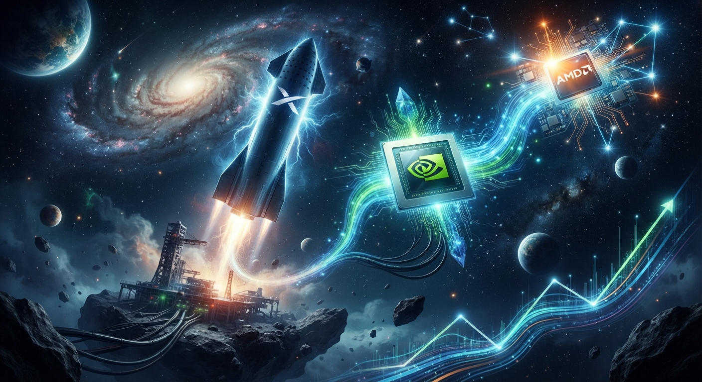 Illustration of a SpaceX rocket launching beside glowing Nvidia and AMD chips, with rising market lines against a galaxy backdrop.