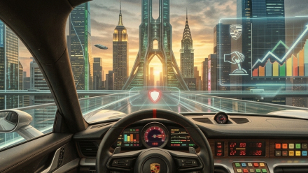 Futuristic Porsche cockpit overlooking an elevated roadway and city skyline, with flying cars and a holographic rising stock chart.