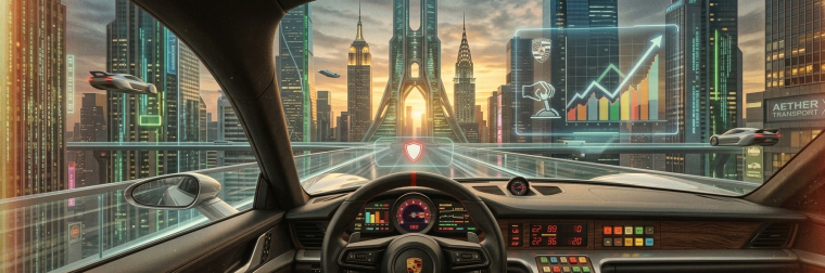 Futuristic Porsche cockpit overlooking an elevated roadway and city skyline, with flying cars and a holographic rising stock chart.