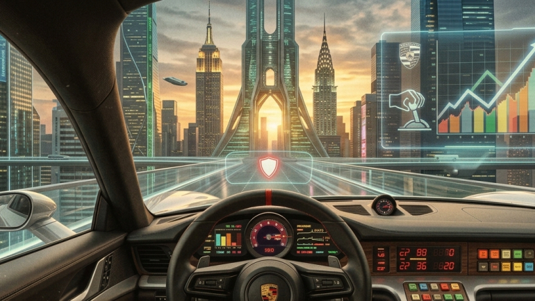 Futuristic Porsche cockpit overlooking an elevated roadway and city skyline, with flying cars and a holographic rising stock chart.