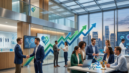 Biotech professionals collaborate in a modern laboratory with molecular models, digital research displays and blue and green upward arrows symbolizing growth.