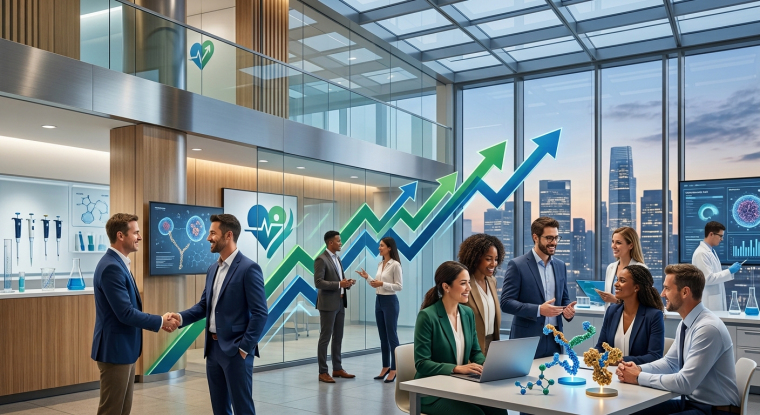 Biotech professionals collaborate in a modern laboratory with molecular models, digital research displays and blue and green upward arrows symbolizing growth.