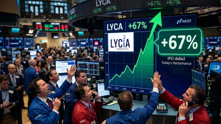 Illustration of traders celebrating on a stock exchange floor beside a display showing Lycia Therapeutics (LYCA) up 67% in its IPO debut.