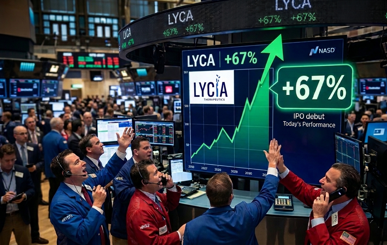 Illustration of traders celebrating on a stock exchange floor beside a display showing Lycia Therapeutics (LYCA) up 67% in its IPO debut.