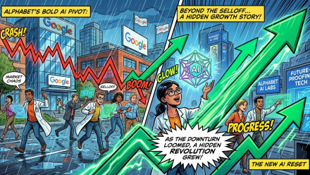 Comic-style illustration of Alphabet’s AI pivot, contrasting a Google stock selloff and red downward arrow with AI researchers, futuristic labs and green growth arrows.