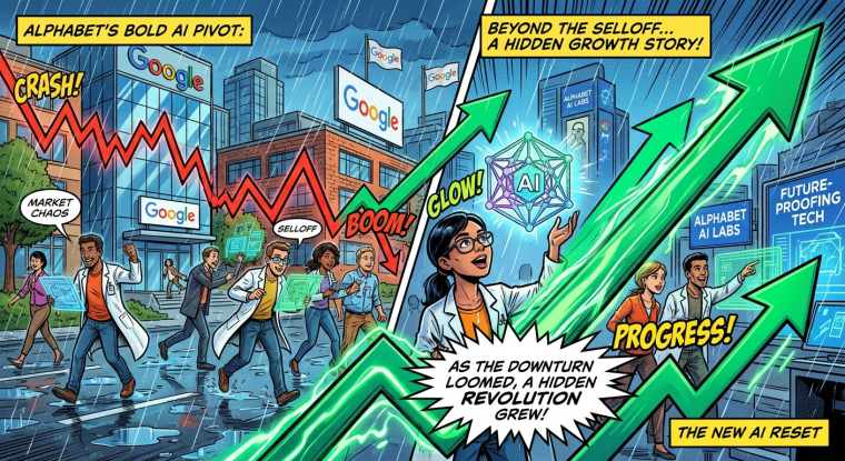 Comic-style illustration of Alphabet’s AI pivot, contrasting a Google stock selloff and red downward arrow with AI researchers, futuristic labs and green growth arrows.