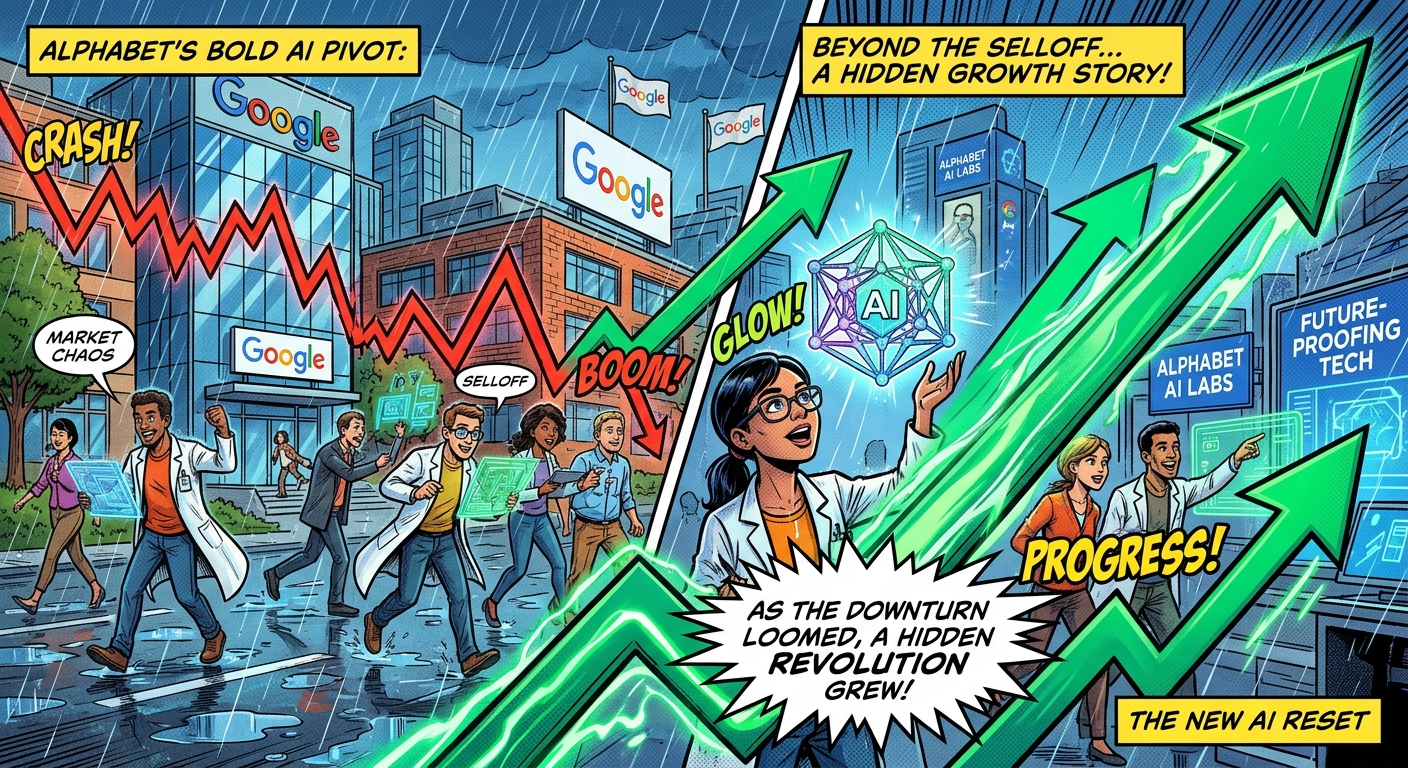 Comic-style illustration of Alphabet’s AI pivot, contrasting a Google stock selloff and red downward arrow with AI researchers, futuristic labs and green growth arrows.