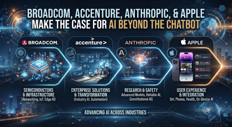 AI investment infographic featuring Broadcom semiconductors and infrastructure, Accenture enterprise transformation, Anthropic AI research and safety, and Apple consumer AI integration.