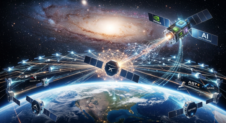 Concept illustration of SpaceX and Nvidia-branded satellites linked by glowing data streams above Earth, with smaller satellites and a galaxy in the background.