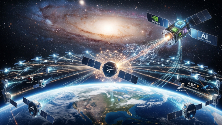 Concept illustration of SpaceX and Nvidia-branded satellites linked by glowing data streams above Earth, with smaller satellites and a galaxy in the background.