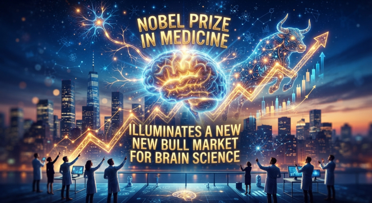 Alt Text: Illustration of the Nobel Prize in Medicine lighting a new bull market for brain science, featuring a glowing brain, neural connections, a rising stock-market chart and a charging digital bull above a city skyline as researchers look on.