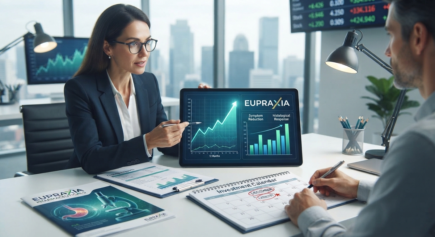 Business analysts review Eupraxia Pharmaceuticals’ EP-104GI clinical data, including symptom reduction and histological-response visuals, alongside an investment calendar highlighting the anticipated December 2026 RESOLVE trial milestone.