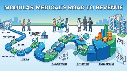 Illustration of Modular Medical’s road to revenue, showing a winding pathway from research and testing through regulatory approval, manufacturing, distribution and sales.