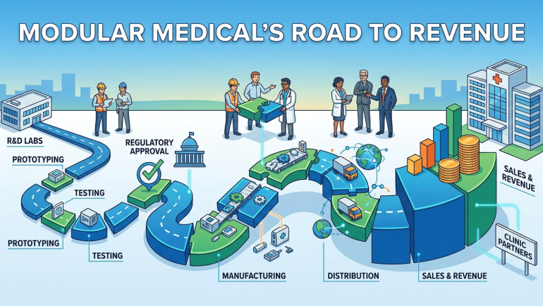 Illustration of Modular Medical’s road to revenue, showing a winding pathway from research and testing through regulatory approval, manufacturing, distribution and sales.