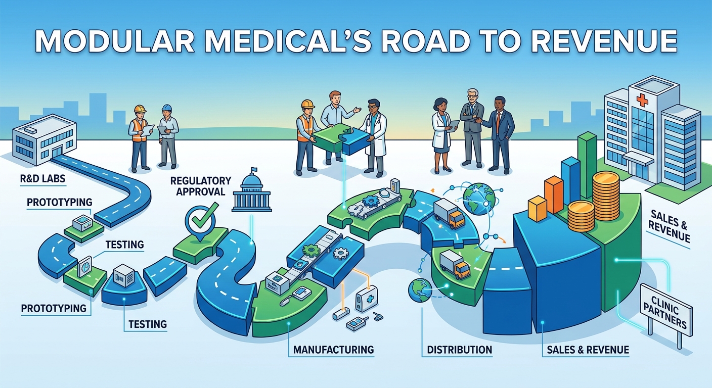 Illustration of Modular Medical’s road to revenue, showing a winding pathway from research and testing through regulatory approval, manufacturing, distribution and sales.