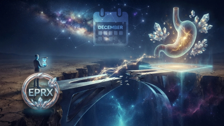 Conceptual illustration of Eupraxia (EPRX), featuring a December calendar, a glowing digestive tract and a fractured bridge spanning a cosmic landscape.