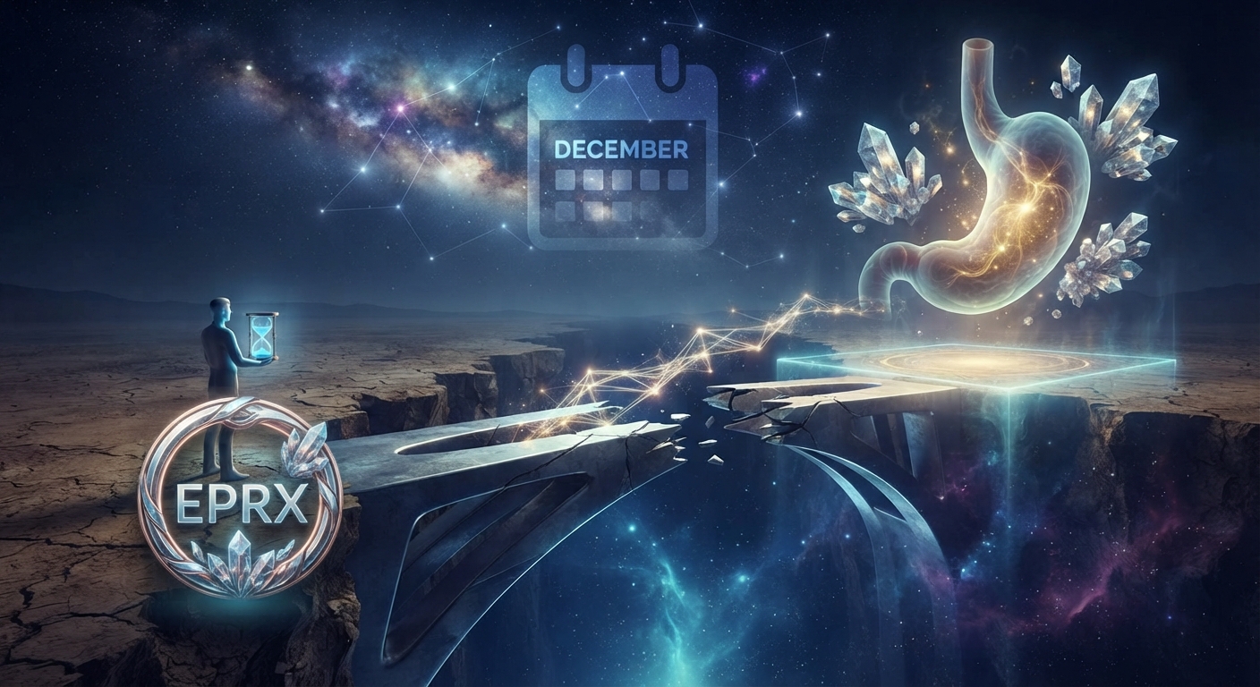 Conceptual illustration of Eupraxia (EPRX), featuring a December calendar, a glowing digestive tract and a fractured bridge spanning a cosmic landscape.
