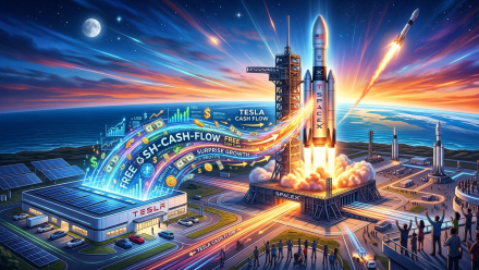 Conceptual illustration of cash-flow streams rising from a solar-powered Tesla factory toward a launching SpaceX rocket, symbolizing potential merger synergies.