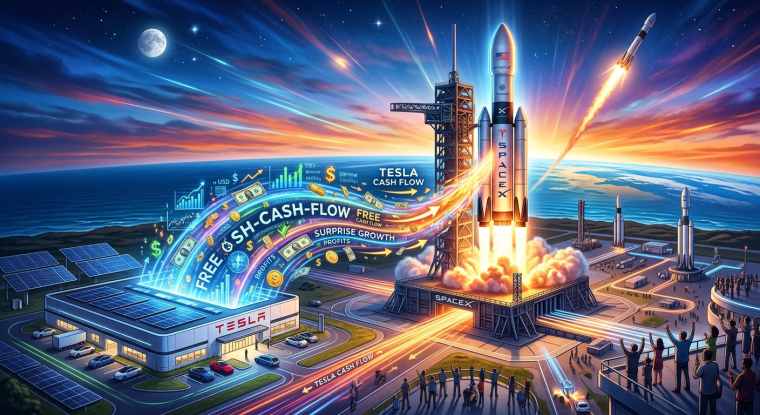 Conceptual illustration of cash-flow streams rising from a solar-powered Tesla factory toward a launching SpaceX rocket, symbolizing potential merger synergies.