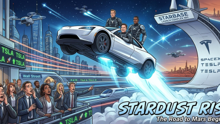 Comic-style illustration of a flying Tesla Roadster with glowing thrusters above amazed Wall Street investors, rising TSLA signs and a futuristic SpaceX launch ramp.