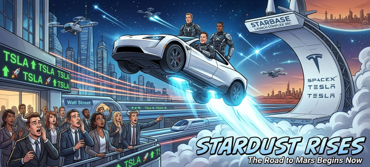 Comic-style illustration of a flying Tesla Roadster with glowing thrusters above amazed Wall Street investors, rising TSLA signs and a futuristic SpaceX launch ramp.