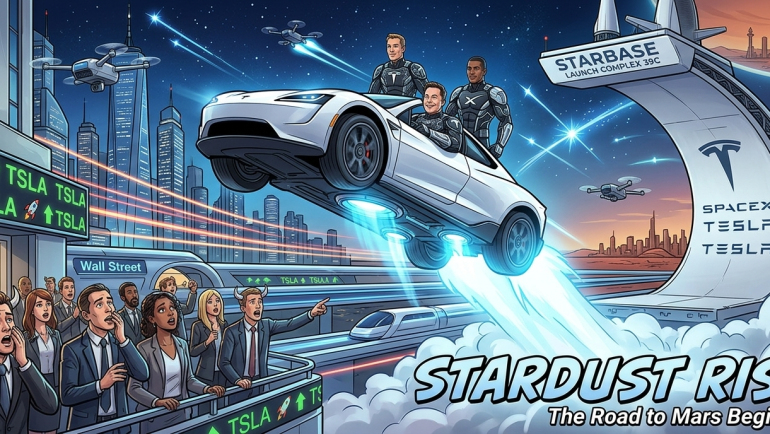 Comic-style illustration of a flying Tesla Roadster with glowing thrusters above amazed Wall Street investors, rising TSLA signs and a futuristic SpaceX launch ramp.