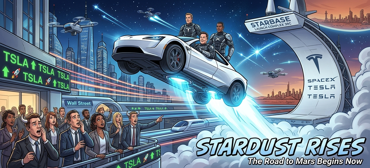 Comic-style illustration of a flying Tesla Roadster with glowing thrusters above amazed Wall Street investors, rising TSLA signs and a futuristic SpaceX launch ramp.