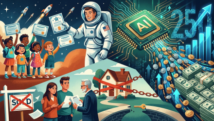 Illustration of an astronaut handing stock certificates to children, an AI chip beside rising arrows and money, and homebuyers facing a canceled sale.