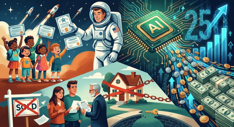 Illustration of an astronaut handing stock certificates to children, an AI chip beside rising arrows and money, and homebuyers facing a canceled sale.