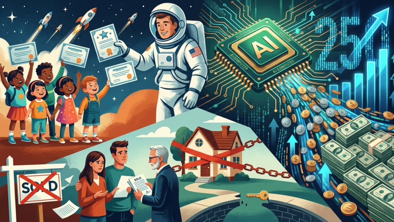 Illustration of an astronaut handing stock certificates to children, an AI chip beside rising arrows and money, and homebuyers facing a canceled sale.