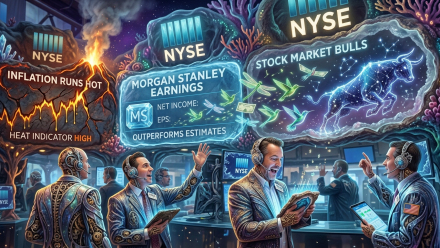 Fantasy-style NYSE trading floor with traders, a fiery inflation display, a Morgan Stanley earnings board and a glowing bull symbolizing stock market optimism.