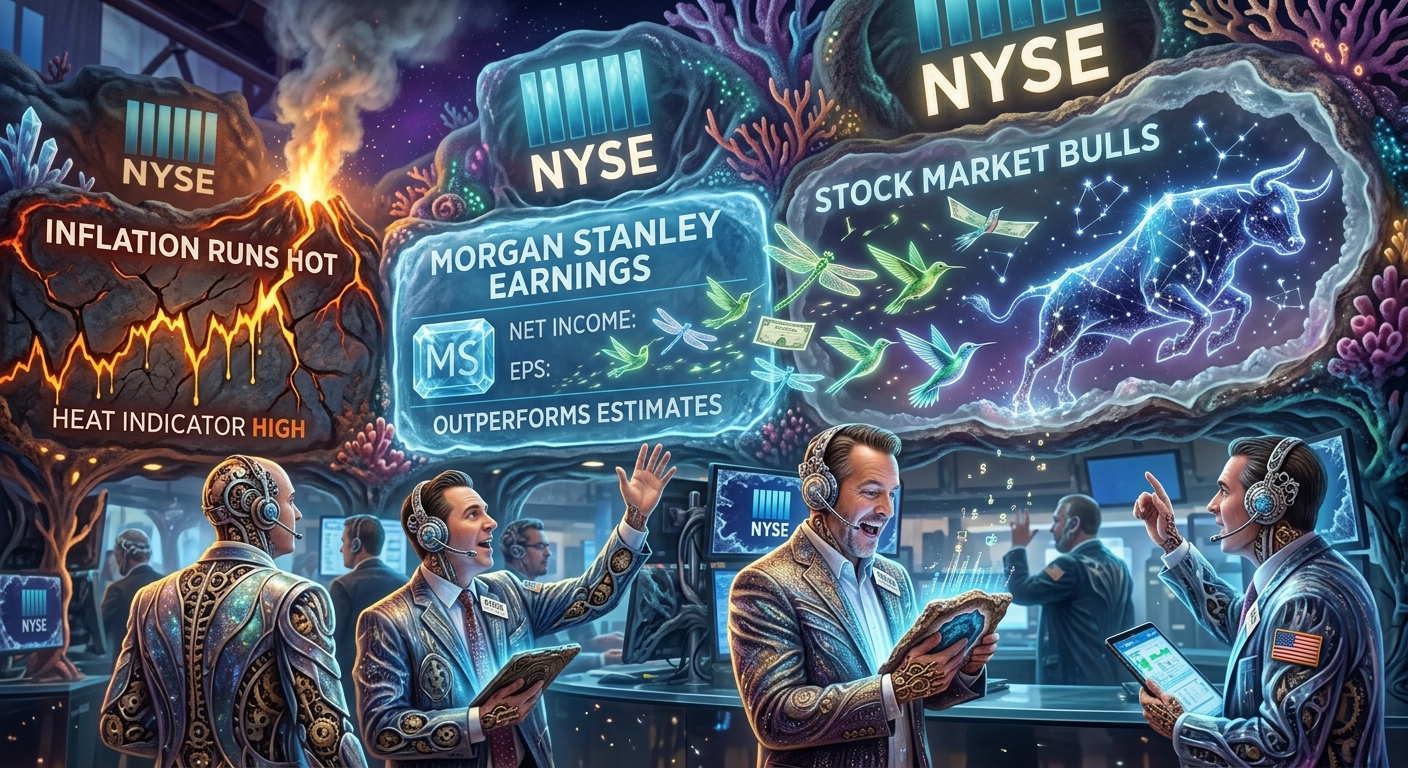 Fantasy-style NYSE trading floor with traders, a fiery inflation display, a Morgan Stanley earnings board and a glowing bull symbolizing stock market optimism.