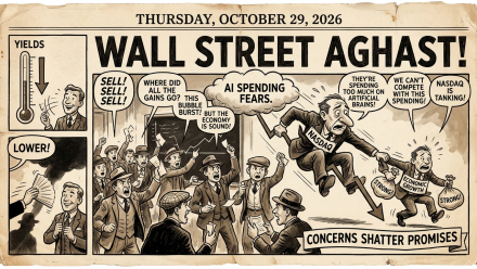 Vintage newspaper-style cartoon dated October 29, 2026, showing panicked Wall Street traders, a falling Nasdaq, AI spending fears and lower yields.