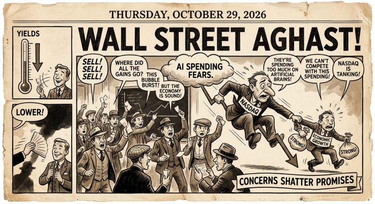 Vintage newspaper-style cartoon dated October 29, 2026, showing panicked Wall Street traders, a falling Nasdaq, AI spending fears and lower yields.