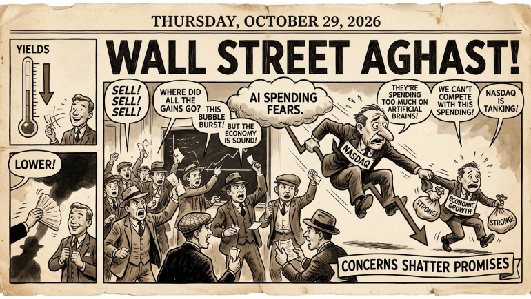 Vintage newspaper-style cartoon dated October 29, 2026, showing panicked Wall Street traders, a falling Nasdaq, AI spending fears and lower yields.