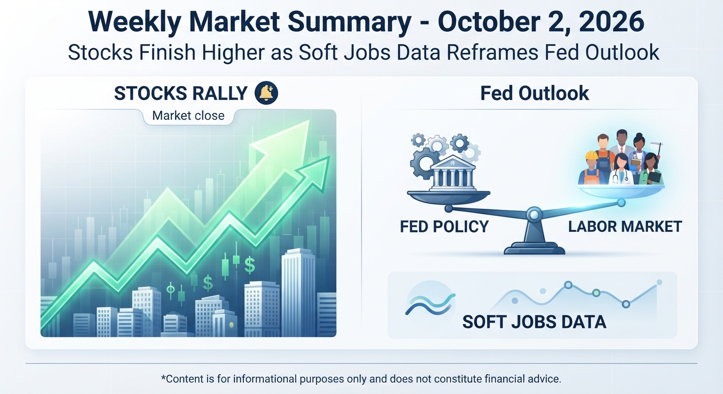 Weekly Market Summary infographic for October 2, 2026, showing a rising stock-market chart and green upward arrows beside a Federal Reserve policy and labor-market balance scale. The graphic highlights stocks finishing higher after soft jobs data shifted expectations for the Federal Reserve, with a disclaimer that the content is for informational purposes only and not financial advice.