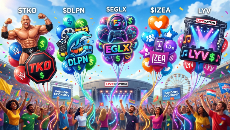 Colorful illustration of cheering fans beneath balloons representing TKO, Dolphin Entertainment, Enthusiast Gaming, IZEA and Live Nation.