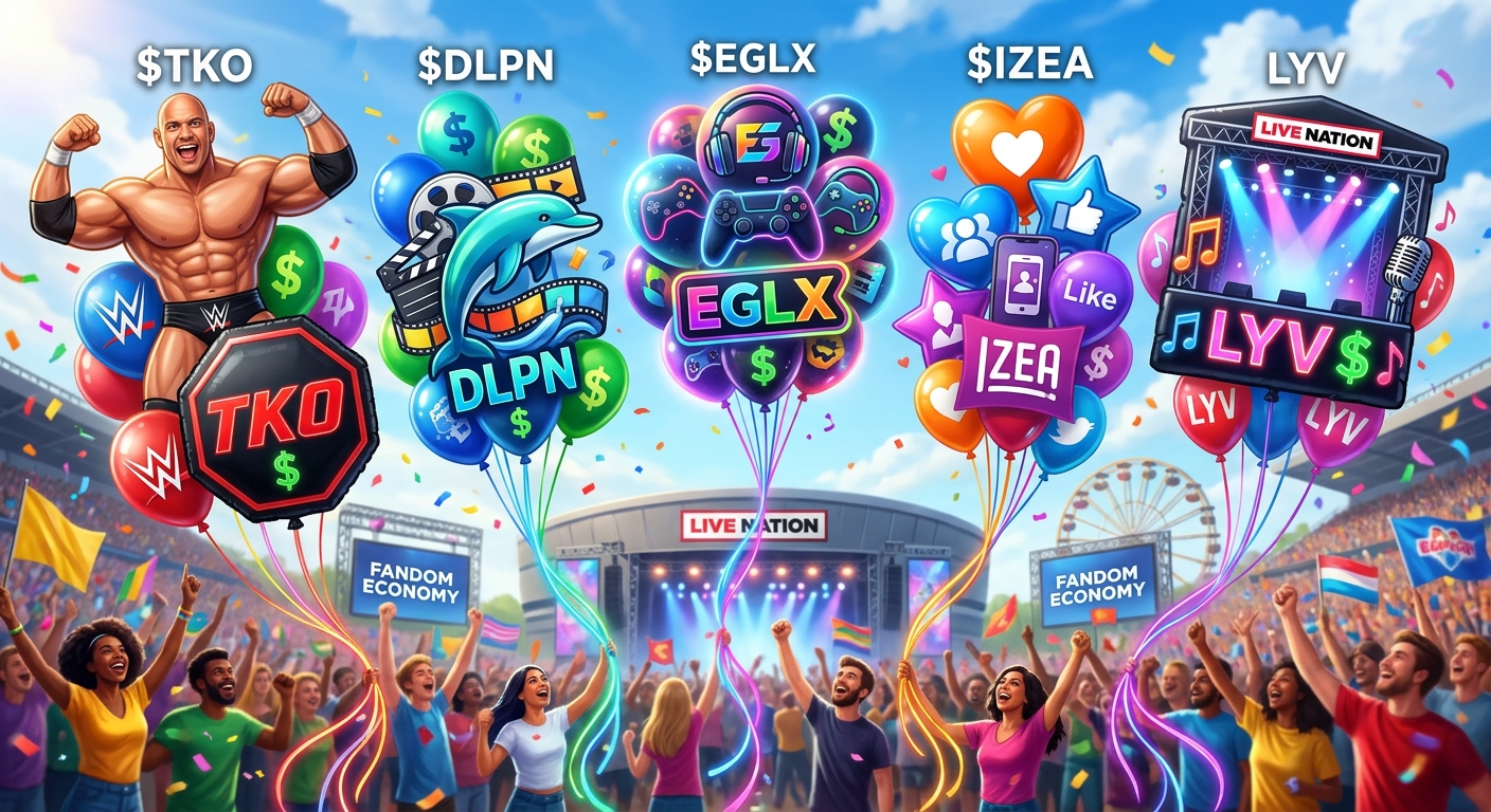 Colorful illustration of cheering fans beneath balloons representing TKO, Dolphin Entertainment, Enthusiast Gaming, IZEA and Live Nation.