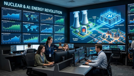 Analysts in a control room monitor energy charts beside a large display illustrating nuclear power supplying an AI data center and a city.