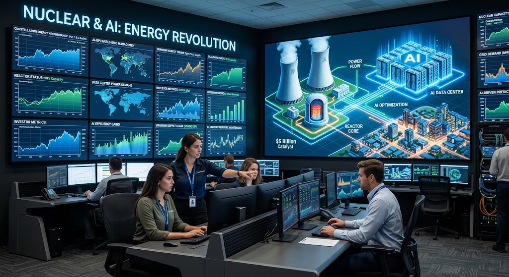 Analysts in a control room monitor energy charts beside a large display illustrating nuclear power supplying an AI data center and a city.
