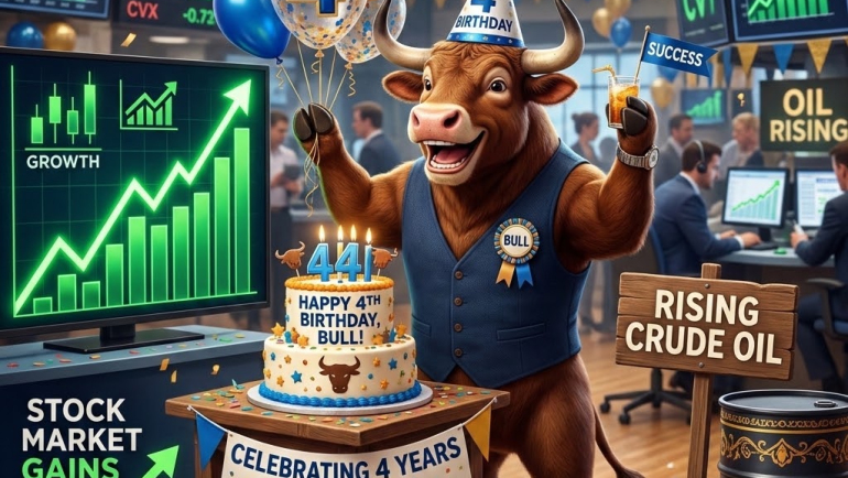 Cartoon bull celebrating its fourth birthday on a stock exchange floor, surrounded by balloons, a birthday cake, rising stock charts and crude oil signs.