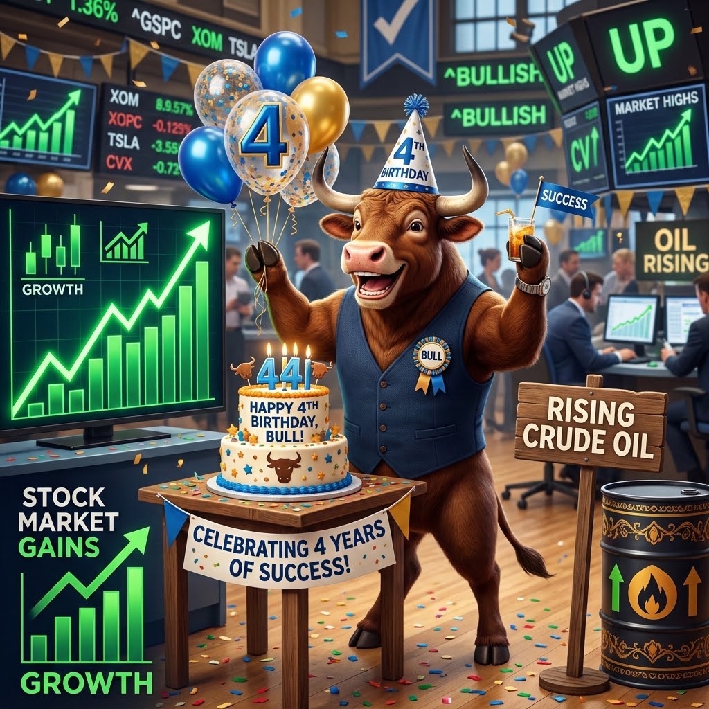 Cartoon bull celebrating its fourth birthday on a stock exchange floor, surrounded by balloons, a birthday cake, rising stock charts and crude oil signs.